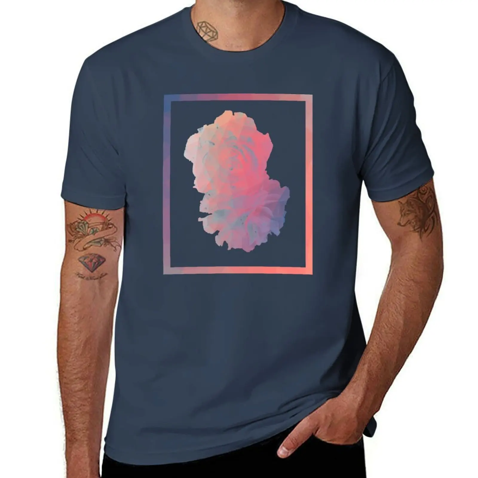

Geometric Pink & Blue Roses Design T-Shirt men t shirt cotton 100% man tshirt T-Shirt