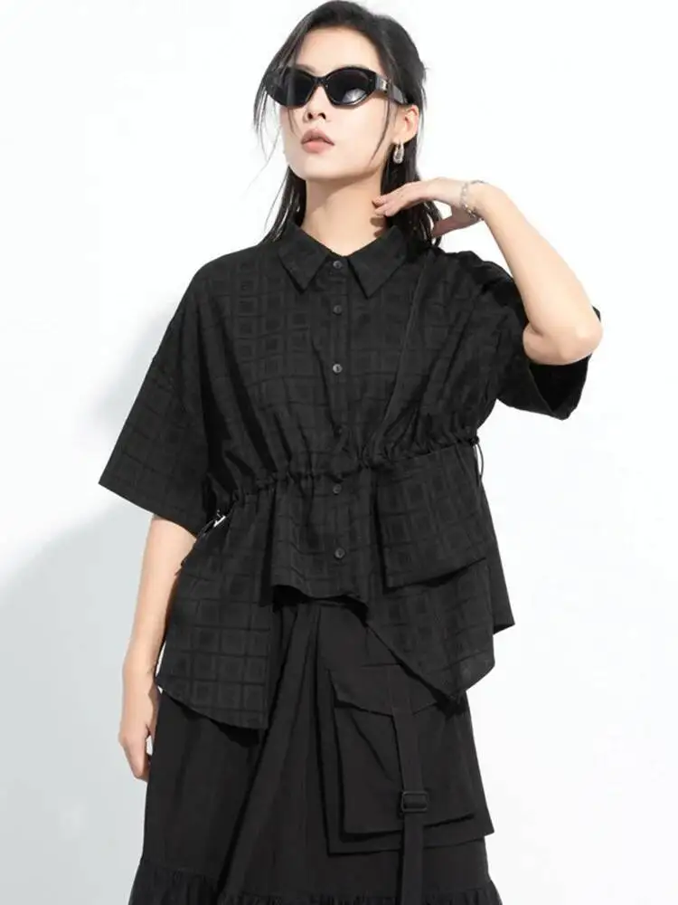

Women Black Plaid Drawstring Big Size Blouse New Lapel Short Sleeve Shirt Fashion Tide Spring Summer