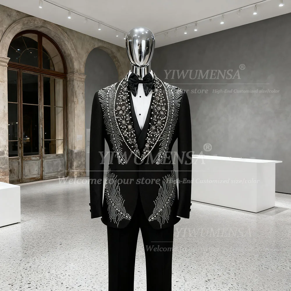 

Glitter Beaded Stones Suit Men 3 Pieces Sets Single Breasted Male Blazer Customized Man Party Groom Wedding Tuxedo Costume Homme