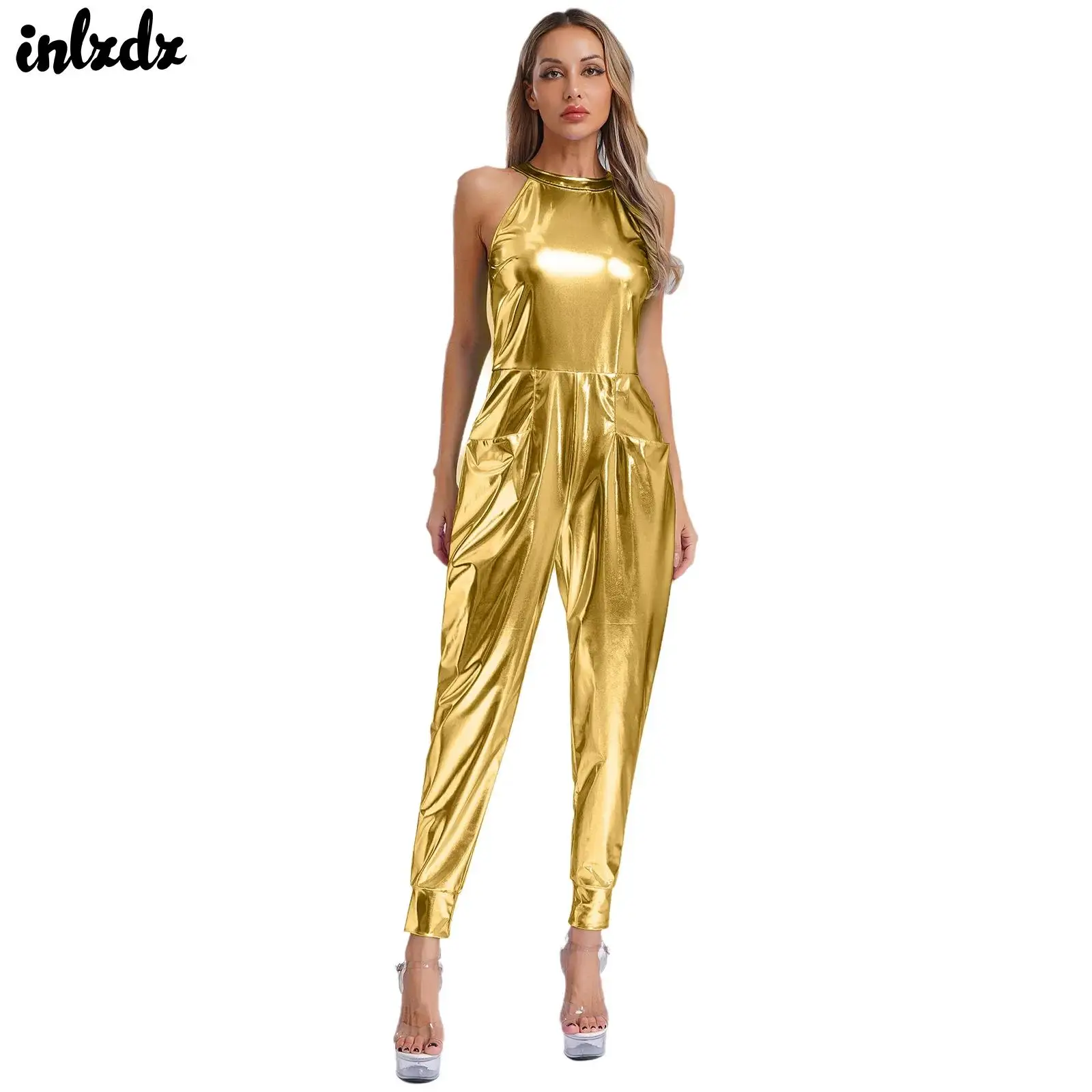 

Women Hollow Out Shiny Metallic Bodysuit Pockets Zipper Zentai Unitard Jumpsuit Romper for Pole Dancing Street Party Club Wear