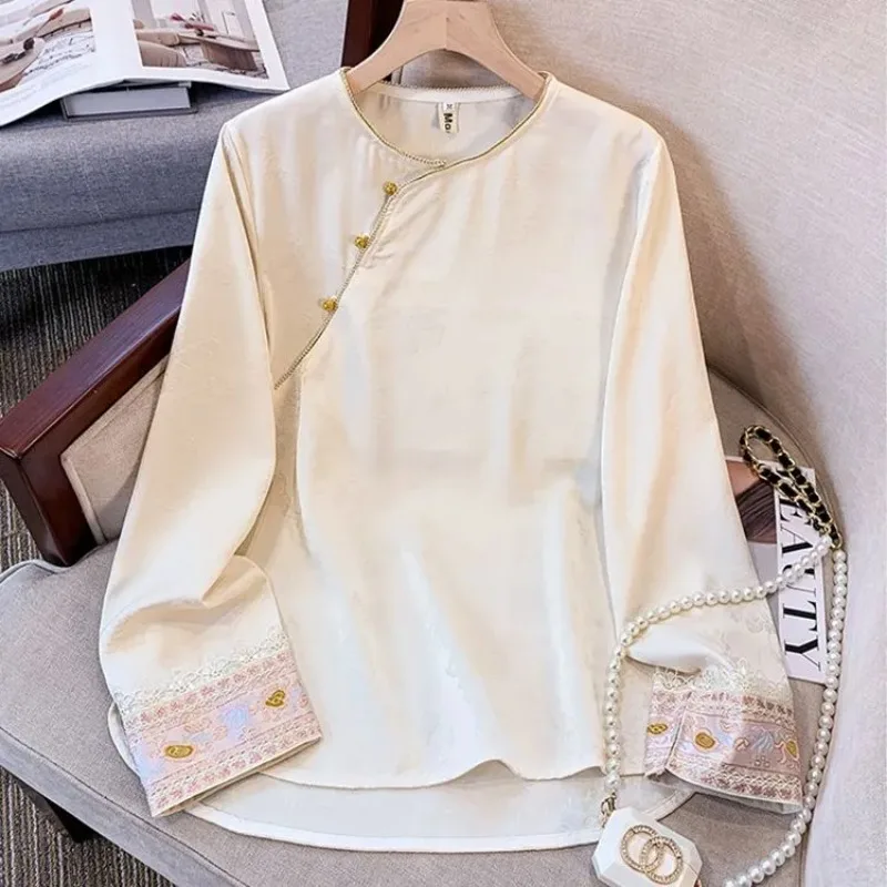 

Women's Chinese Style Jacquard Satin Blouse Embroidered Long Sleeve Top with Frog Fasteners