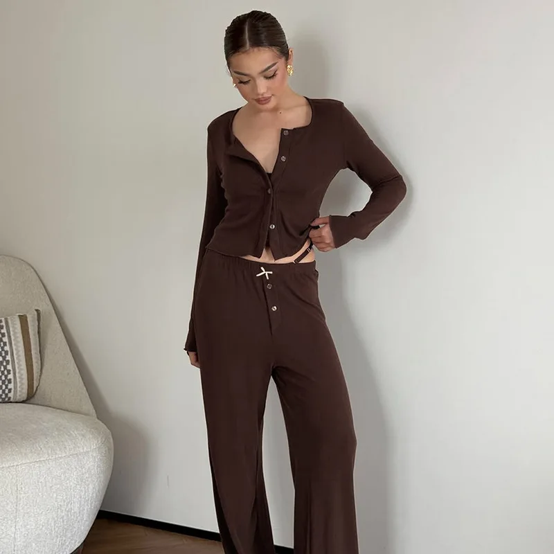2Pcs Women Knit Pajama Set, Trendy Chic Style, Slim‑Fit Skin‑Friendly Breathable Long Sleeve Top & Long Pants Sleepwear, Ladies