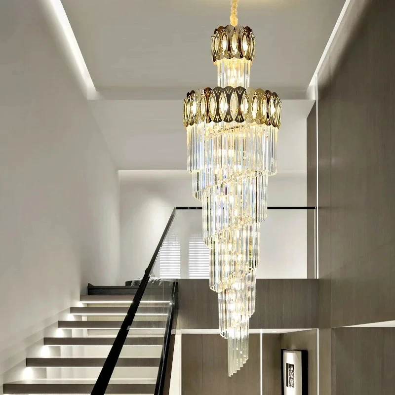 Light Luxury Crystal Chandelier Rotating Staircase Villa Living Room Light Duplex Building Luxury Middle Floor Chandelier