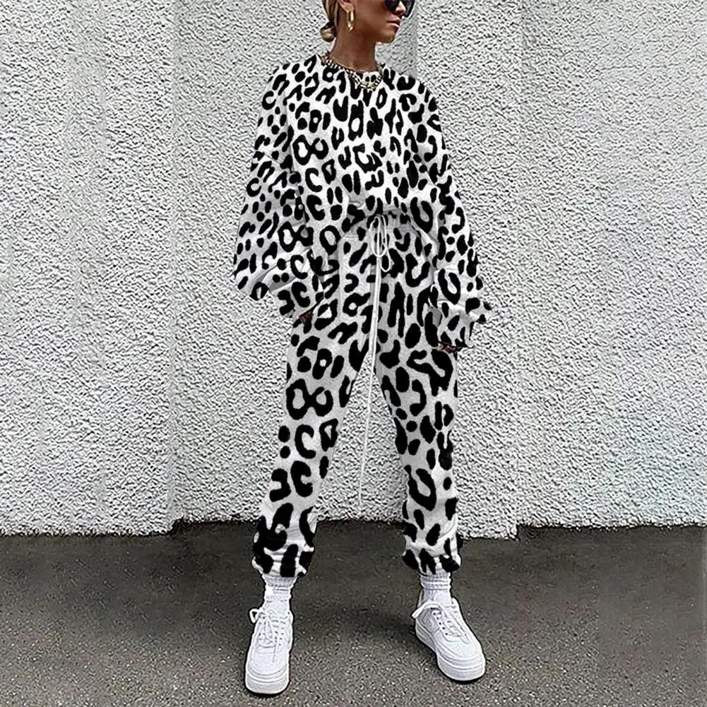 2Pcs/Set Women Top Pants Leopard Elastic Waist Tracksuit Autumn Winter Loose 3D Digital Print Two Piece Set Streetwear Suits