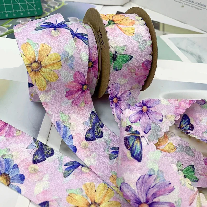 38MM 10Yards Double-Sided Flowers/Butterfly/Wavy Edge Ribbon Hair Bows DIY Crafts Handmade Accessories Clothing Shoe Material