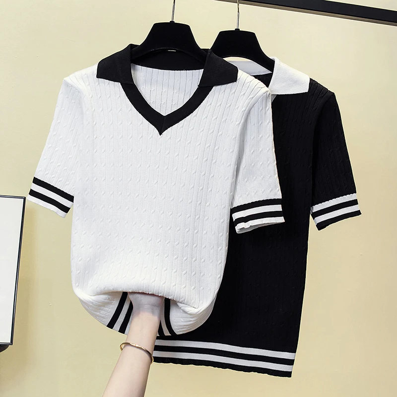 2023 Summer Striped Knitted Sweater T-shirt Women Color-blocked V-neck Short Sleeve Tops Pullover Casual Workwear Jumper