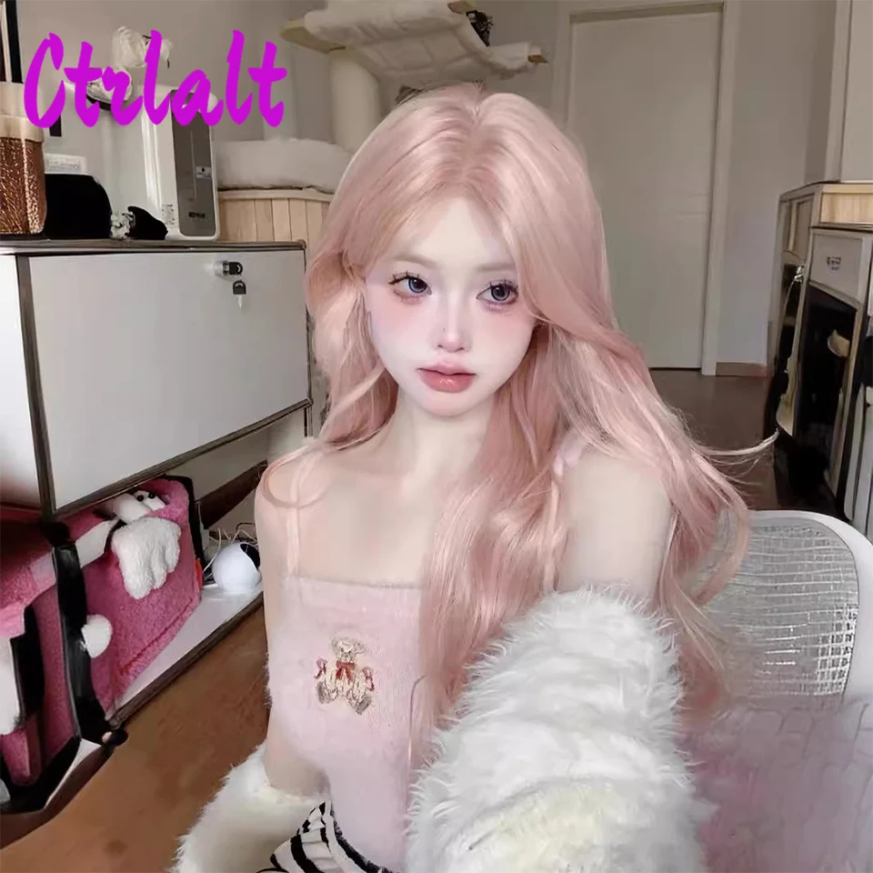 Wig Cosplay merah muda gelombang panjang sintetis wig tahan panas bagian tengah wig Lolita alami untuk wanita