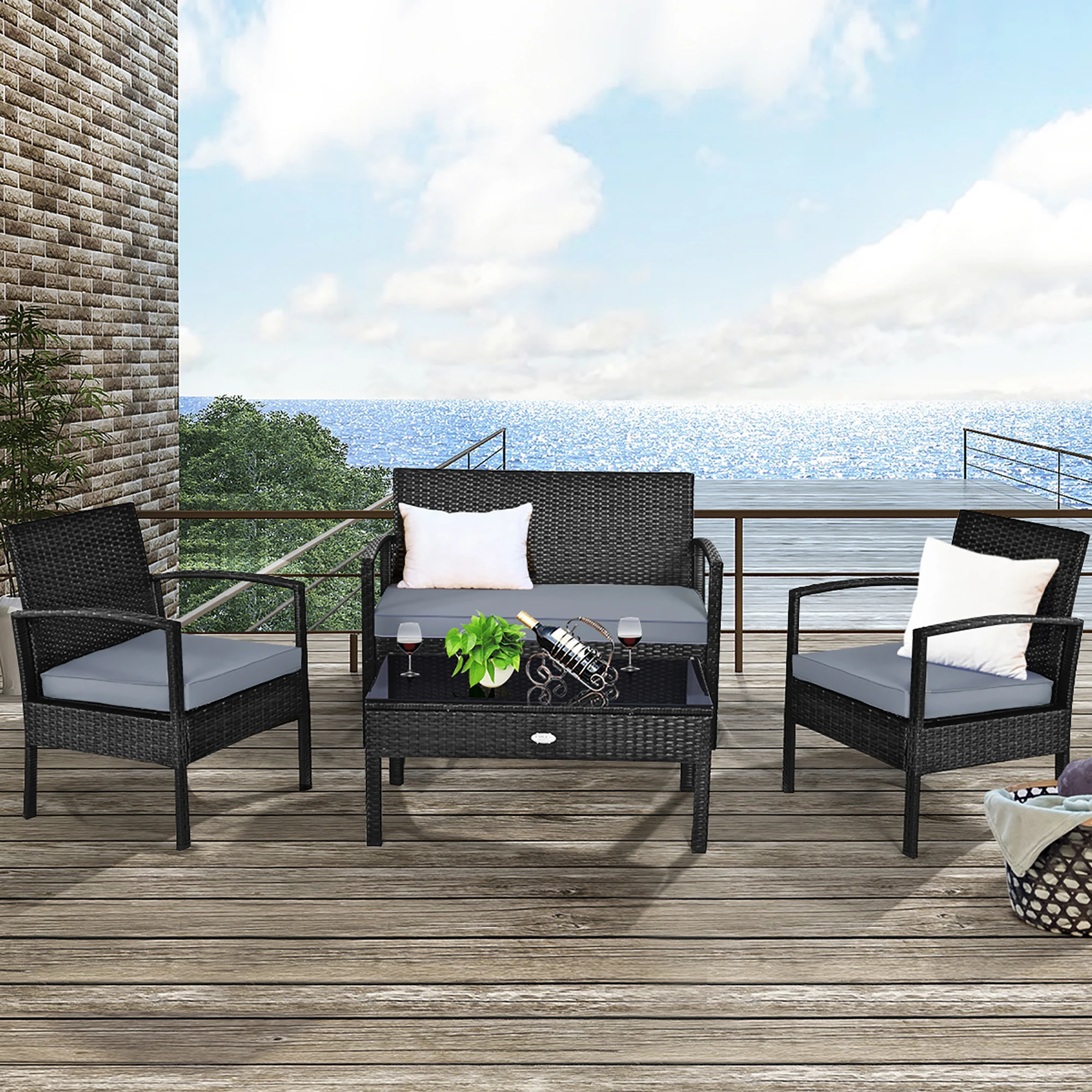 

4pcs Outdoor Patio Rattan Wicker Set Table Sofa Cushioned Deck Black