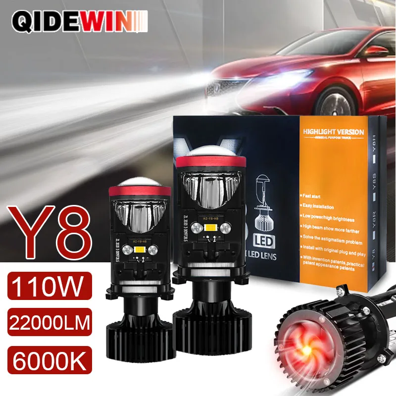 BI LED Y8 Auto Mini Lens LED H4 Headlight Bulb Conversion Kit High Low Beam Projector Turbo Fan 110W 22000LM 6000K White LHD RHD