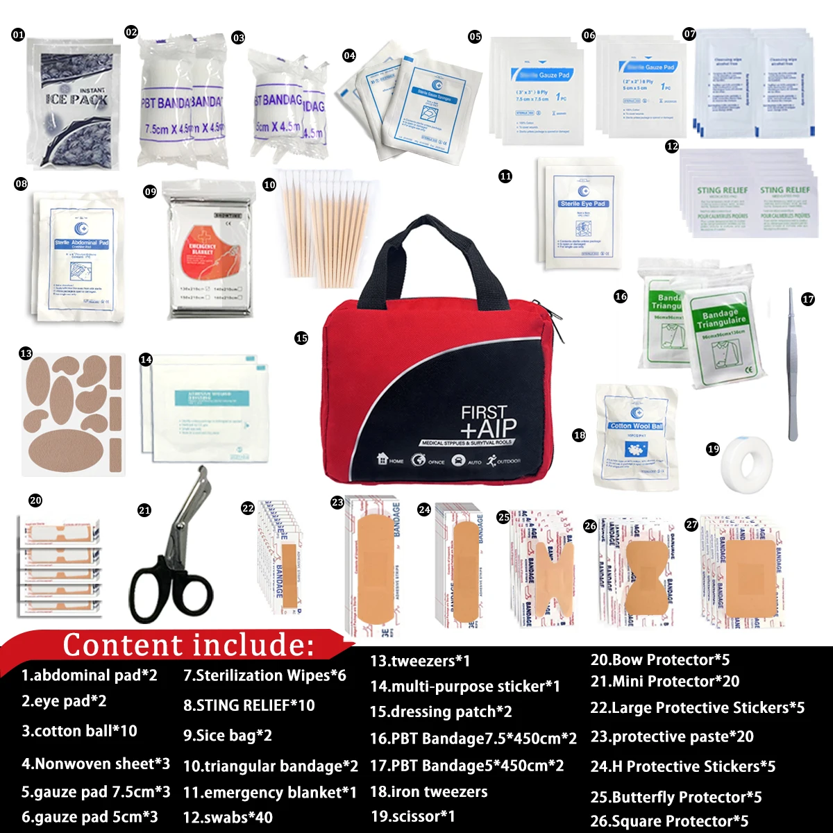 First aid kit - portable and compact for family and outdoor adventures | includes scissors, tweezers, etc