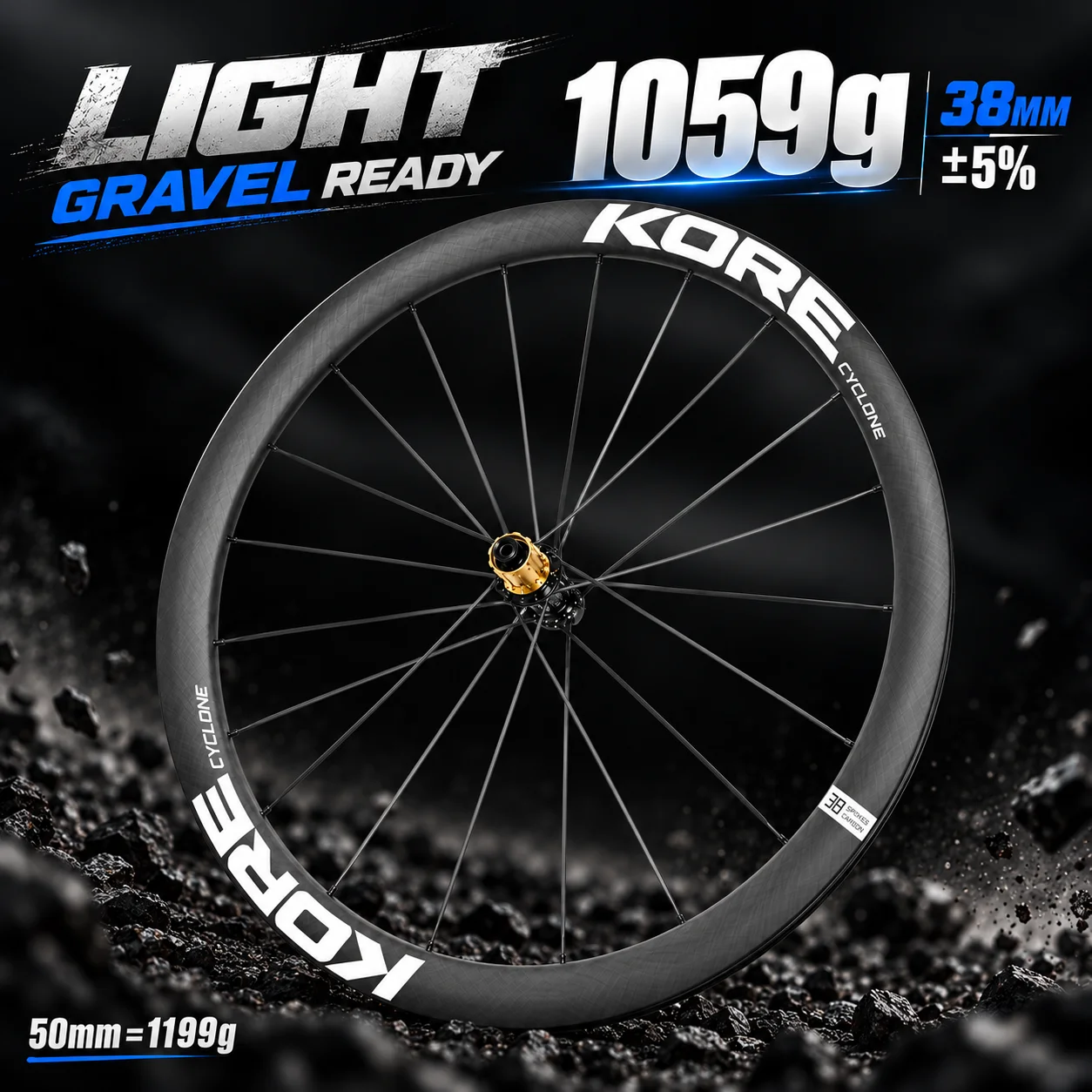 Zestaw kół KORE CYCLONE z karbonowymi szprychami - 50 mm - obręcze karbonowe T1000, piasta z mechanizmem zapadkowym 36T/60T, XDR/HG 700C, zaprojektowany do ultralekkich wyścigów szosowych.