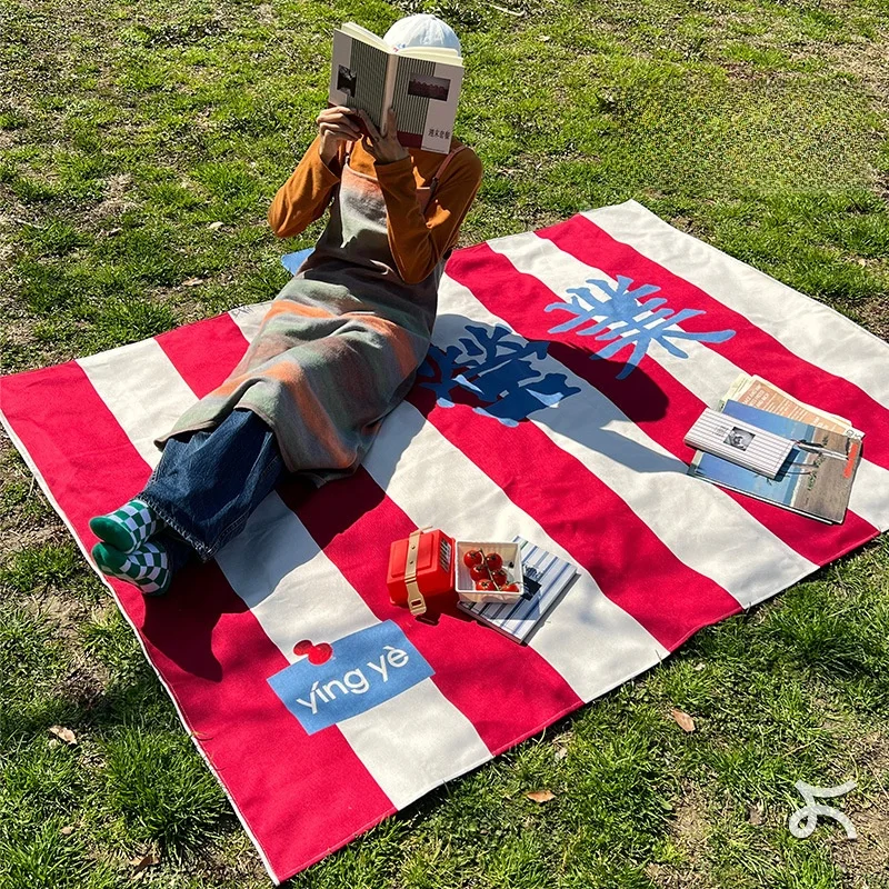 thickened-waterproof-camping-picnic-mat-beach-tent-ground-sheet-anti-moisture-outdoor-canvas-striped-red-white-camping-mat