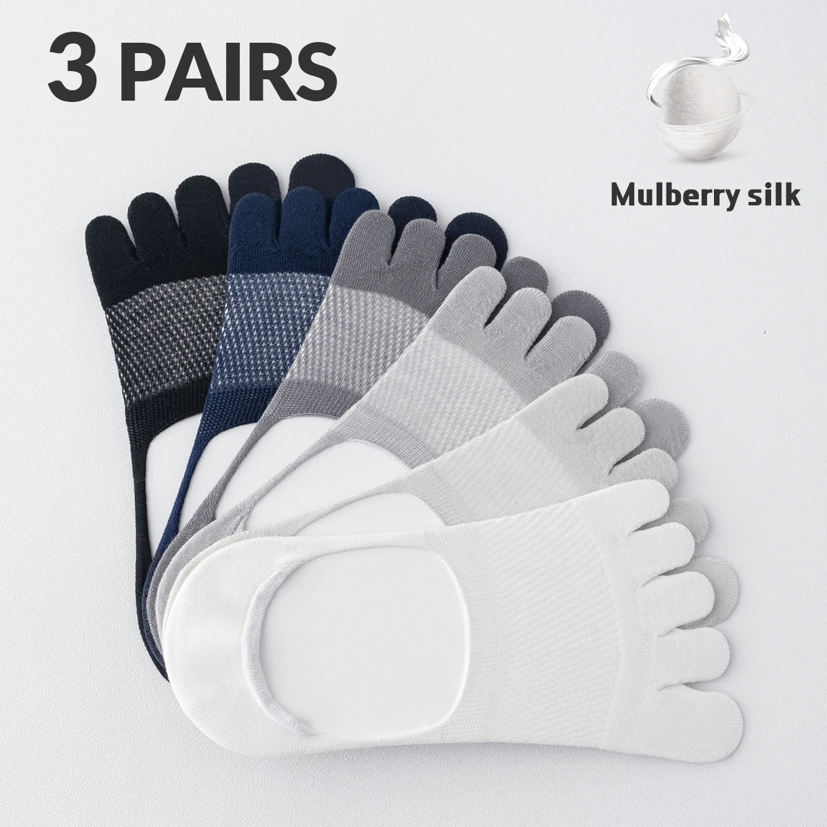 

3 пары мужских летних однотонных дышащих сетчатых носков из тутового шелка в студенческом стиле, весенне-осенние невидимые носки с пятью пальцами