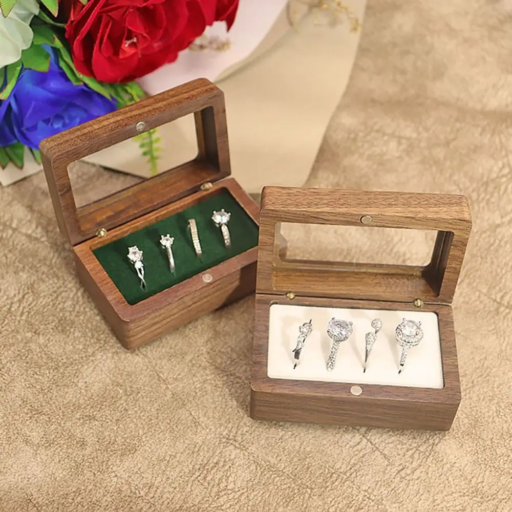 

4 Slots Square Rings Holder Opening Window Rectangular Jewelry Ring Holder Magnetic Cover Wooden Ring Box Rings Bearer Box