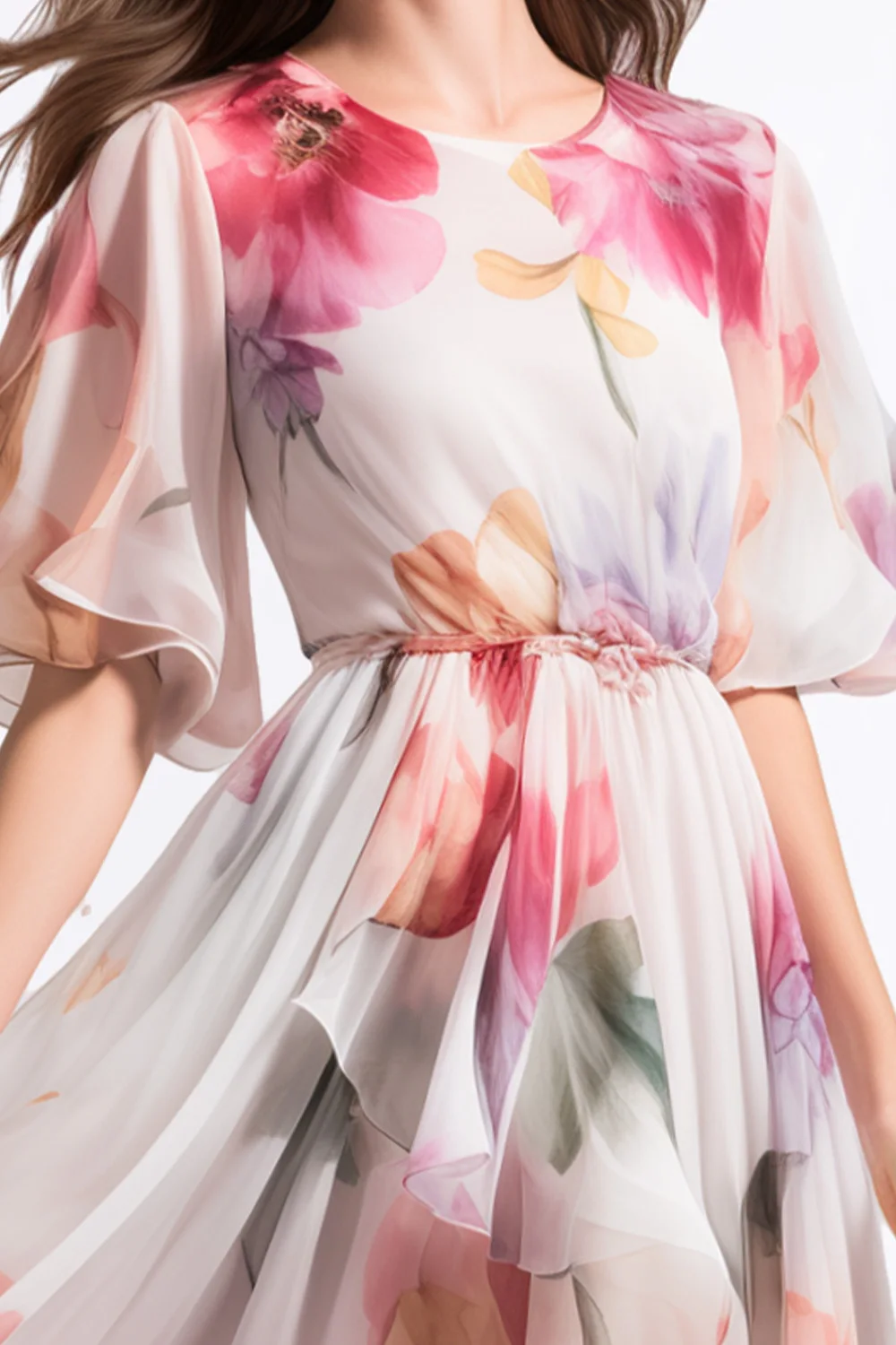 Women's Clothing Fashion Everyday Pink Chiffon Floral Print Flutter Sleeve Maxi Dress