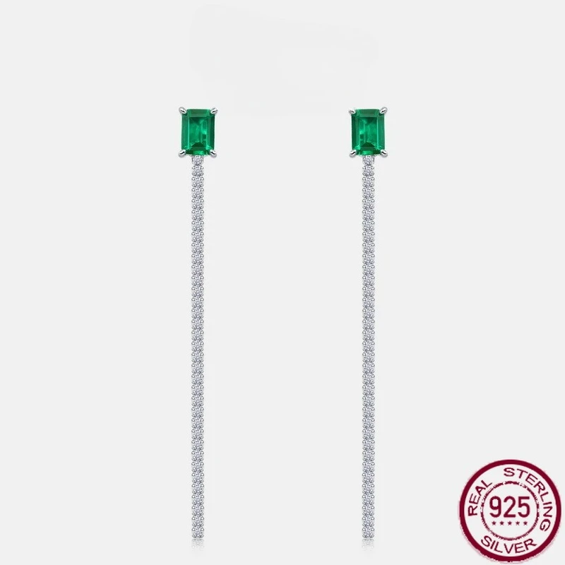 

New S925 sterling silver square emerald long style full diamond tassel European and American minimalist wedding jewelry