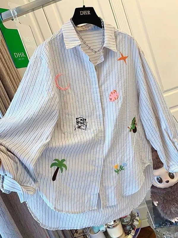 

plus Size Women's Long Sleeve Embroidered Striped Shirt Loose Fit Thin Spring Summer UV Protection Hong Kong Style Blouse