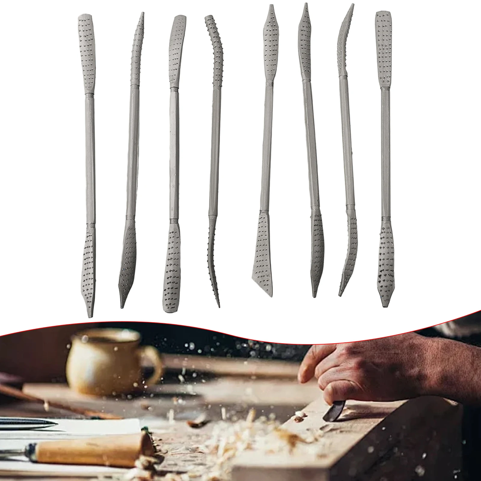 8 Pcs Wood Rasp Riffler File Tool Set Curved Double Ended Coarse Grinding 190mm Carbon Steel For Woodworking Carving Hand Tools