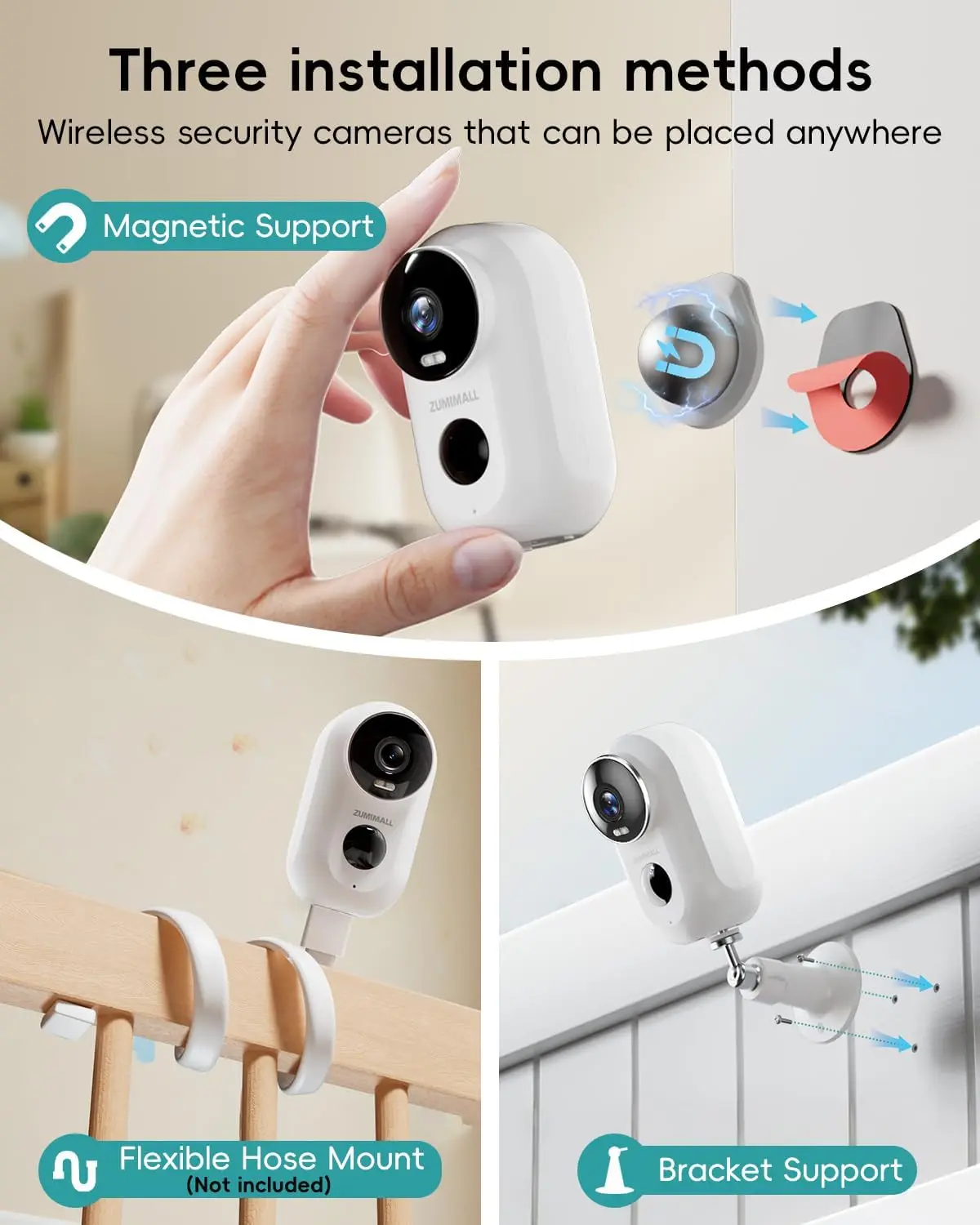 Wireless Outdoor Security Camera 2K, 3MP Night Vision, Magnetic Mount, 130° Angle, 2.4G WiFi, Battery-Powered, SD Card, Alexa