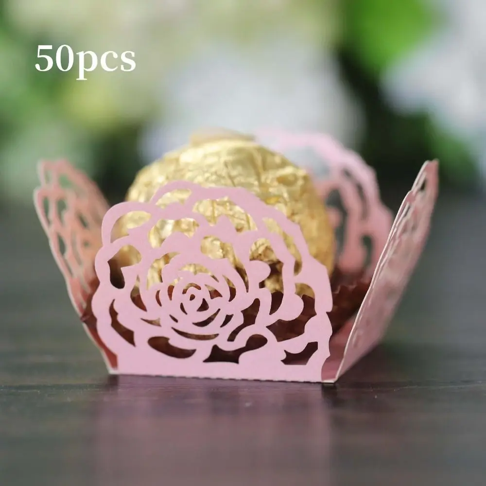 50 unidades de envases de papel calado con diseño de encaje de rosa para chocolate, bombones, postres y trufas, para fiestas