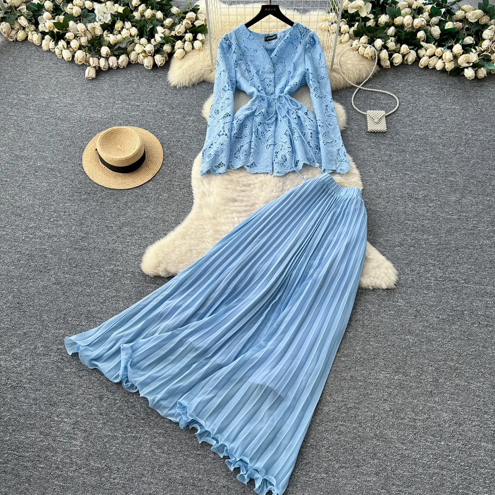 

Two Pieces Women Dress Sets Solid Matching Sets V Neck Lace Long Sleeve Top High Waist Dress Loose Fit Casual 2025 Autumn Winter