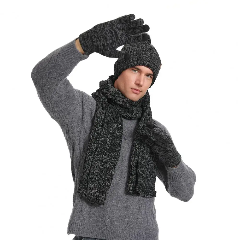 Gorro de punto de acrílico suave para hombre, conjunto de bufanda, guantes de pantalla táctil, deportes al aire libre, esquí, Invierno