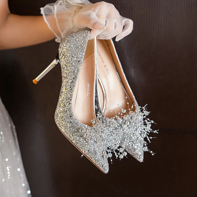 

5-8.5cm Women's Pumps and Heels Luxury Sequined Pearl Buckle Banquet Wedding Shoes for Women Temperament Thin Heel Women's Shoes