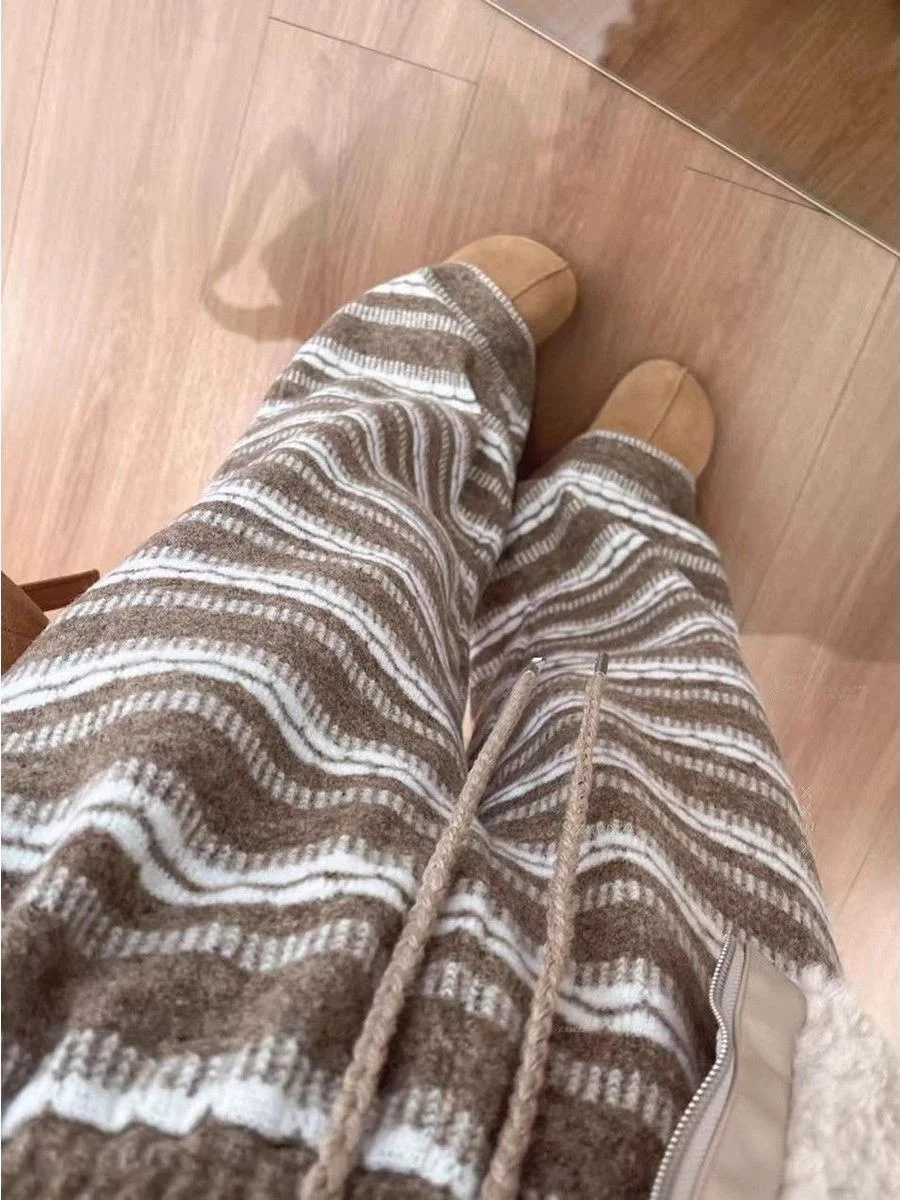 

Chic Knitted Stripe Rice Crop Pants Women's High Waist Straight Leg Fleece Lined Floor Length Drapey Comfortable Trousers