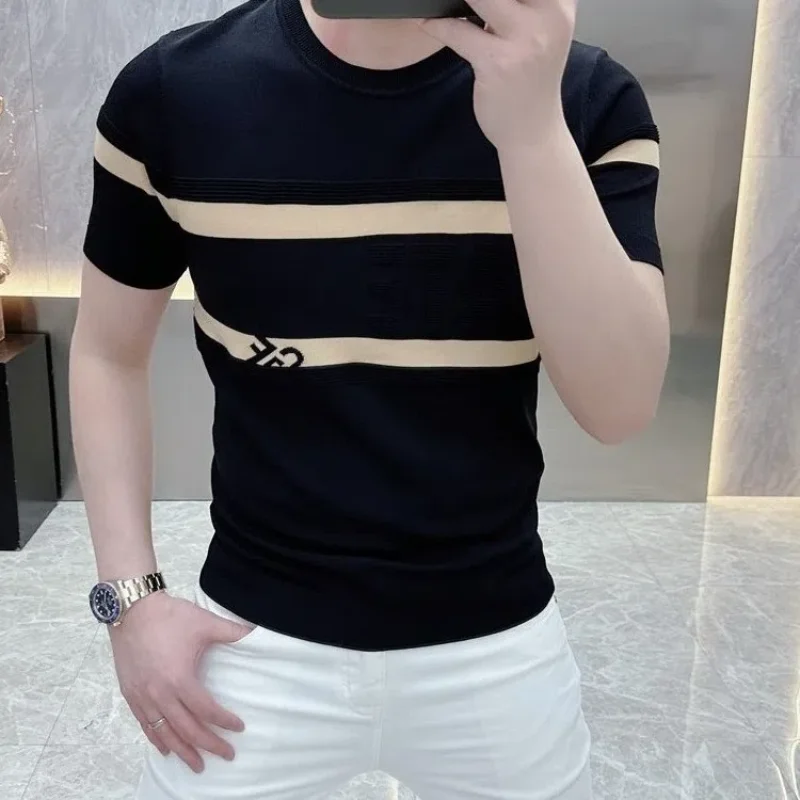 

Men's Summer Short Sleeve Round Neck Pullover Contrast Color T-shirt Casual Fashion Retro England Style Boyfriend All-match Tops