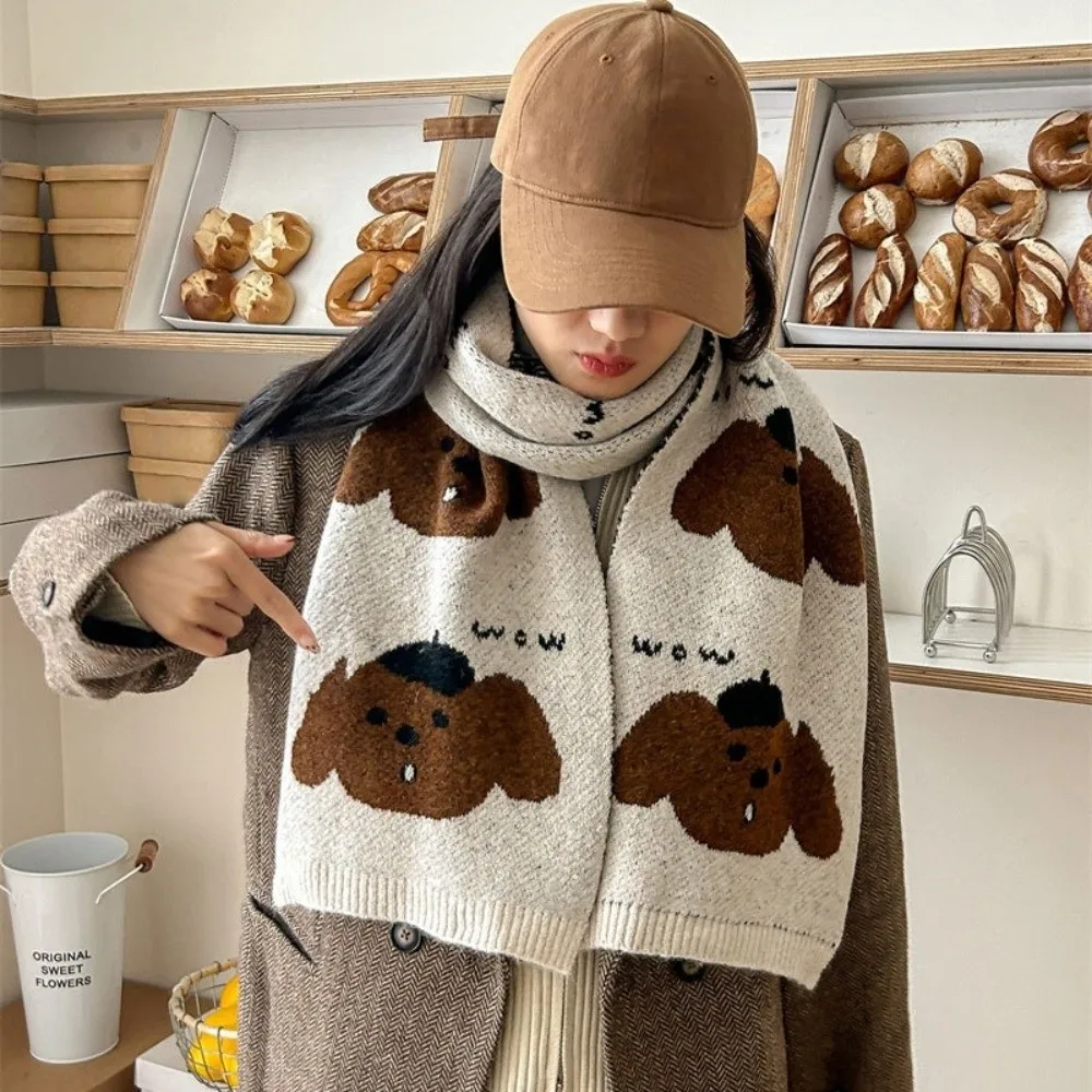 

Fashion Lightweight Puppy Pattern Scarf Korean Style Warm Cashmere Blend Scarf Windproof Cute Knitted Shawl Women/Men