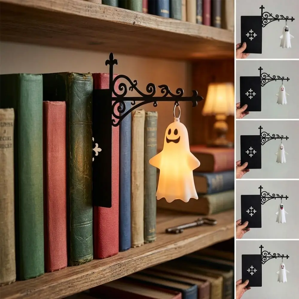 Warm White Light Halloween Ghost Bookshelf Lamp Vintage Style Glowing Library Ghost Figurine Lantern LED Lighting Wrought Iron