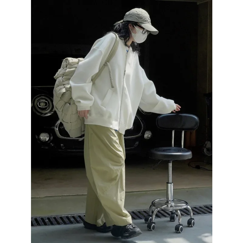 Baseball Viscose Sweatshirts Women Jackets Autumn Air Layer Korean Style Street Sports Loose Profile Casual Stand Collar White