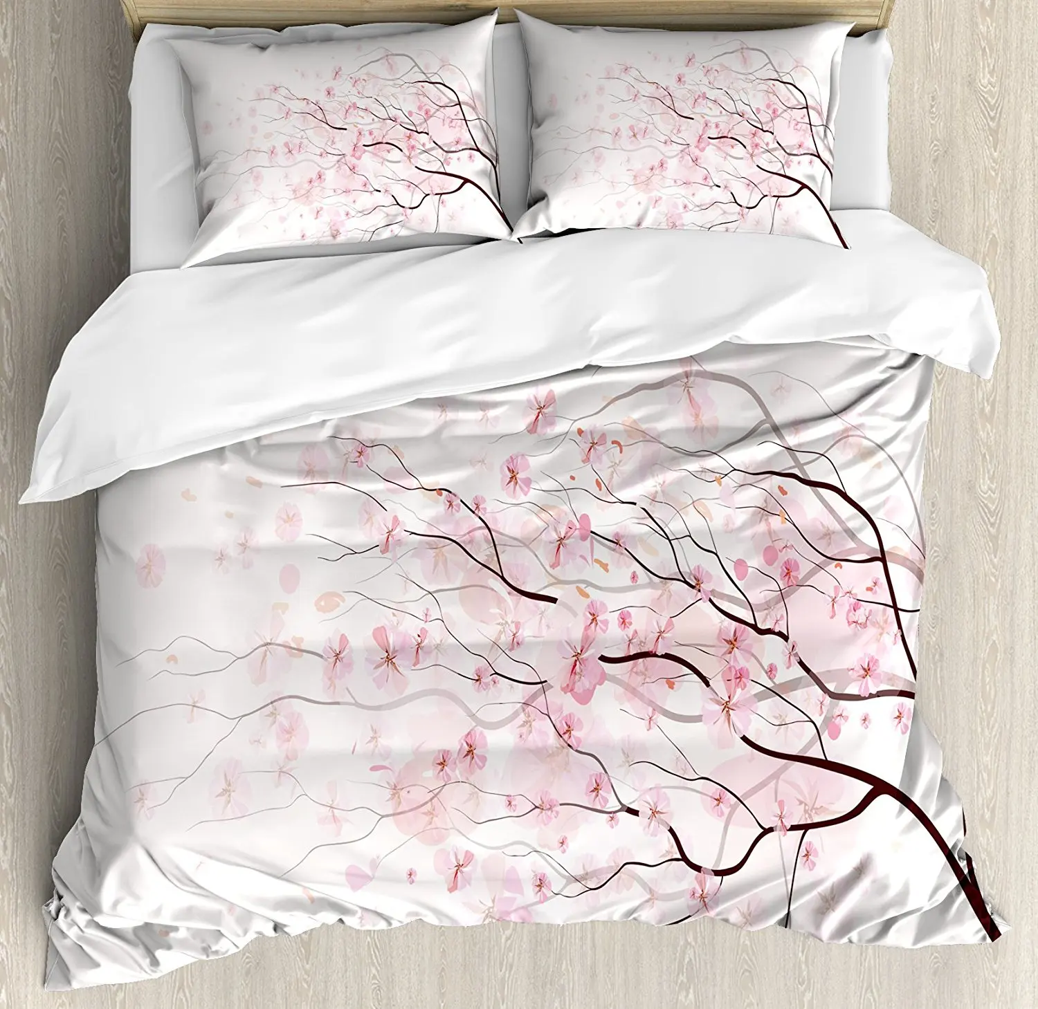 Light Pink Duvet Cover Set Artistic Sakura Branch with Cherry Flowers Tender Japanese Spring Decorative 4 Piece Bedding Set