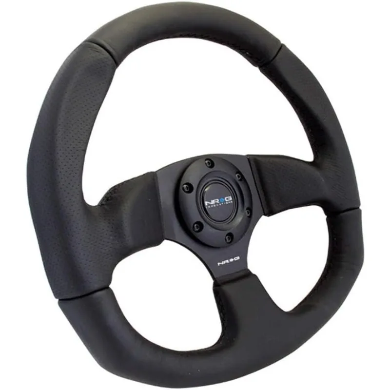 NRG Innovations NRG-RST-009R عجلة قيادة معززة عجلة قيادة جلدية مع/غرزة سوداء/جلد أسود/تكلم على شكل حرف D مسطح