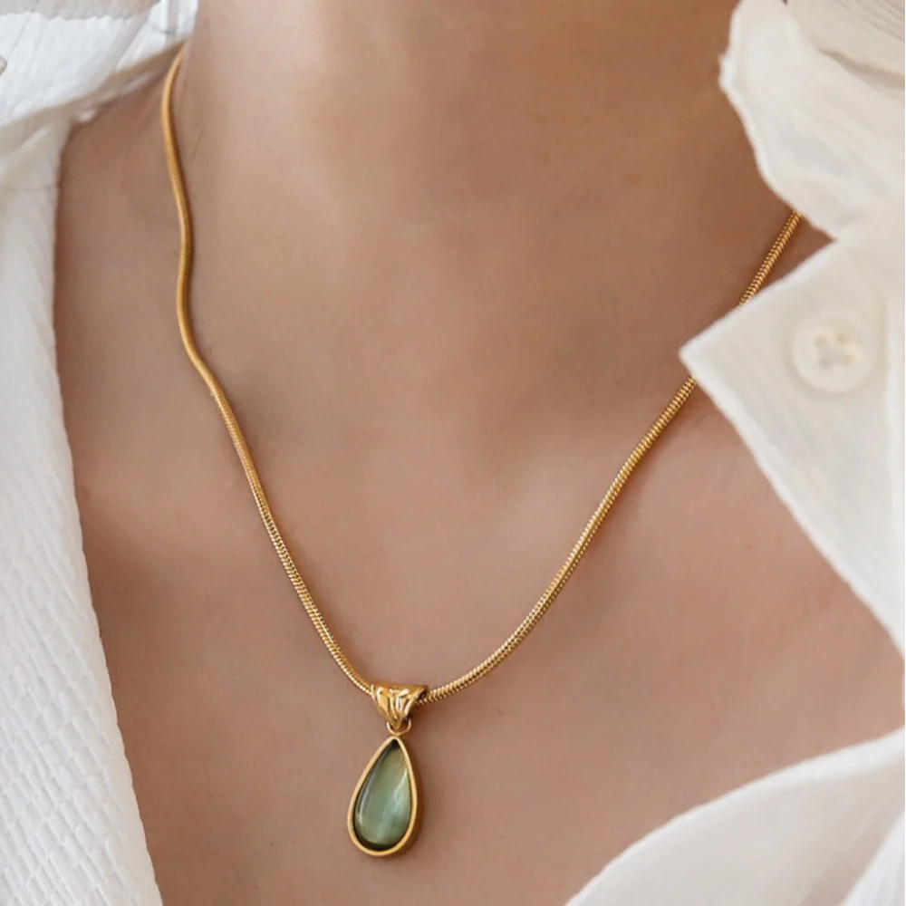 Titanium Drop Pendant Necklace Colorfast Olive-green French Vintage Necklace Silver Golden Water Drop Neck Chain Valentine's Day