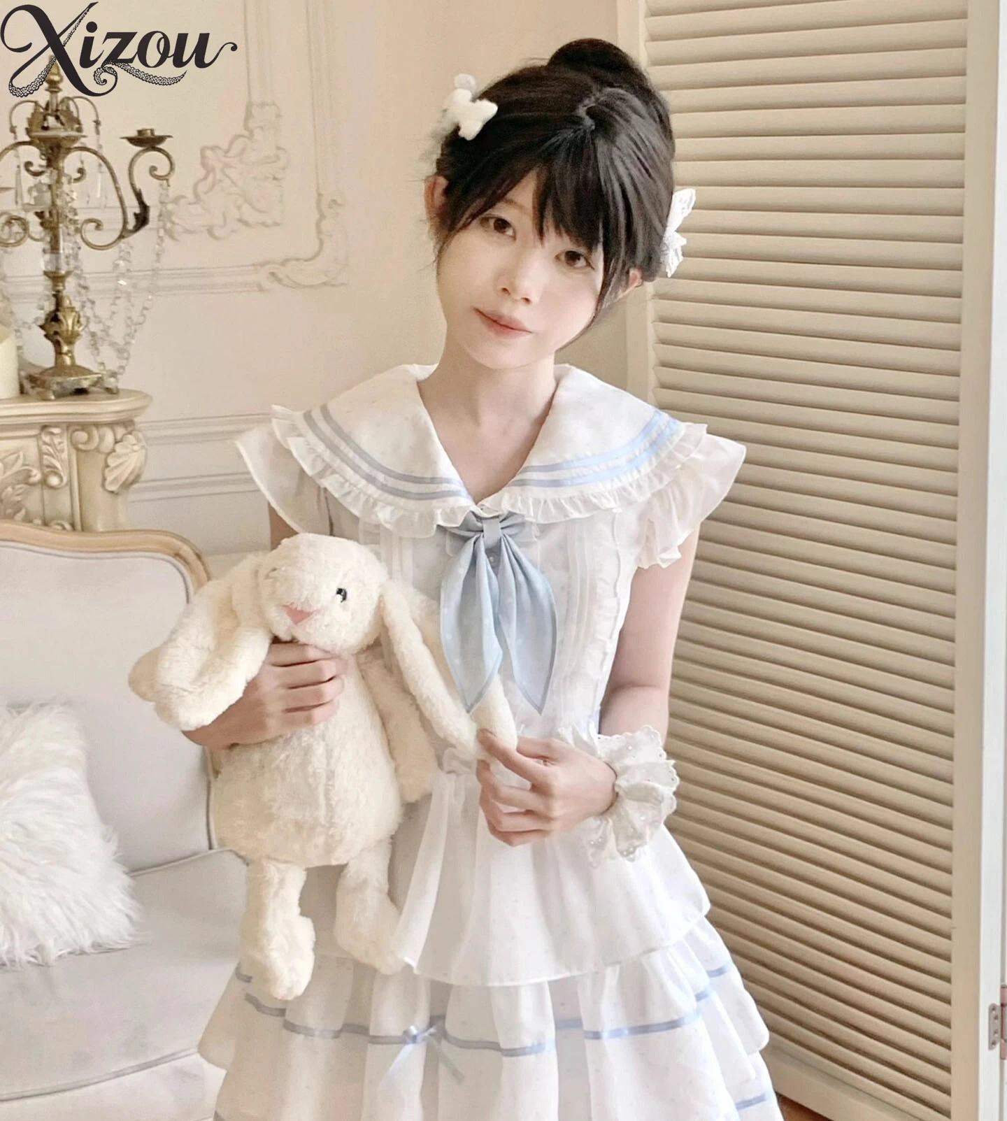 

Women's Short Dresseses Japanese Lolita Y2K Sailor Uniform Navy Collar Sleeveless Flutter Sleeve Bowknot Summer Girl Dress