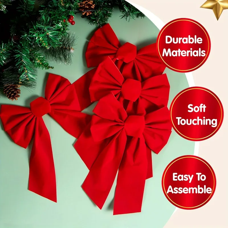 6pcs Red Velvet Christmas Bows,33.02cm x 22.86cm - Perfect for Wreaths, Garlands & Tree Decorations,Indoor/Outdoor Holiday Decor