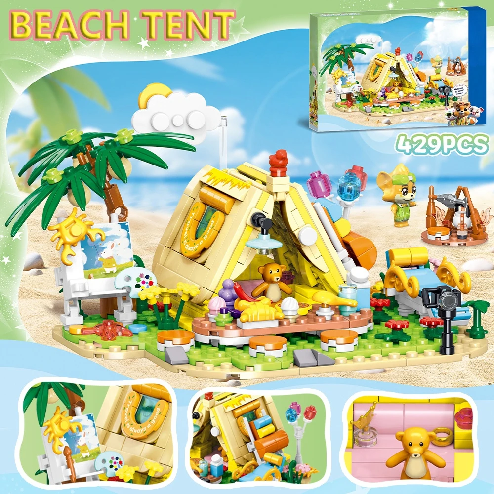 Vriend Creatieve Cartoon Strandpark Aan Zee Camping Auto Tent Bouwstenen Stad Straat Uitzicht Model Meisjes Speelgoed Kids Geschenken