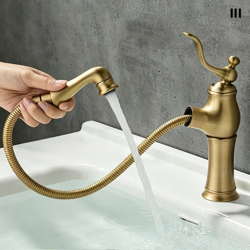 Vintage Brass Pull-Out Faucet for Home Bathrooms Under Counter Sink Hot and Cold Water Faucet with Splash Guard