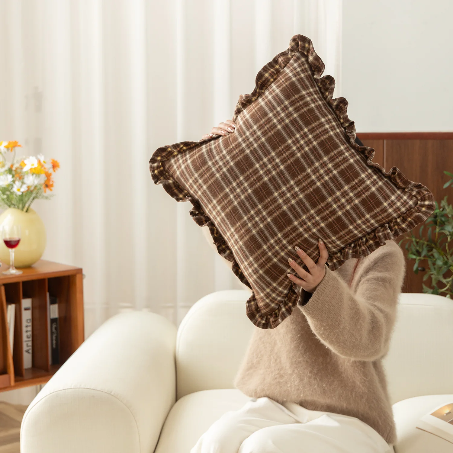 Plaid Cushion Cover Pillowcase with Ruffles Chair Sofa Home Decor French Shabby Romantic Chic Pillow Cover for Bedding 45X45cm