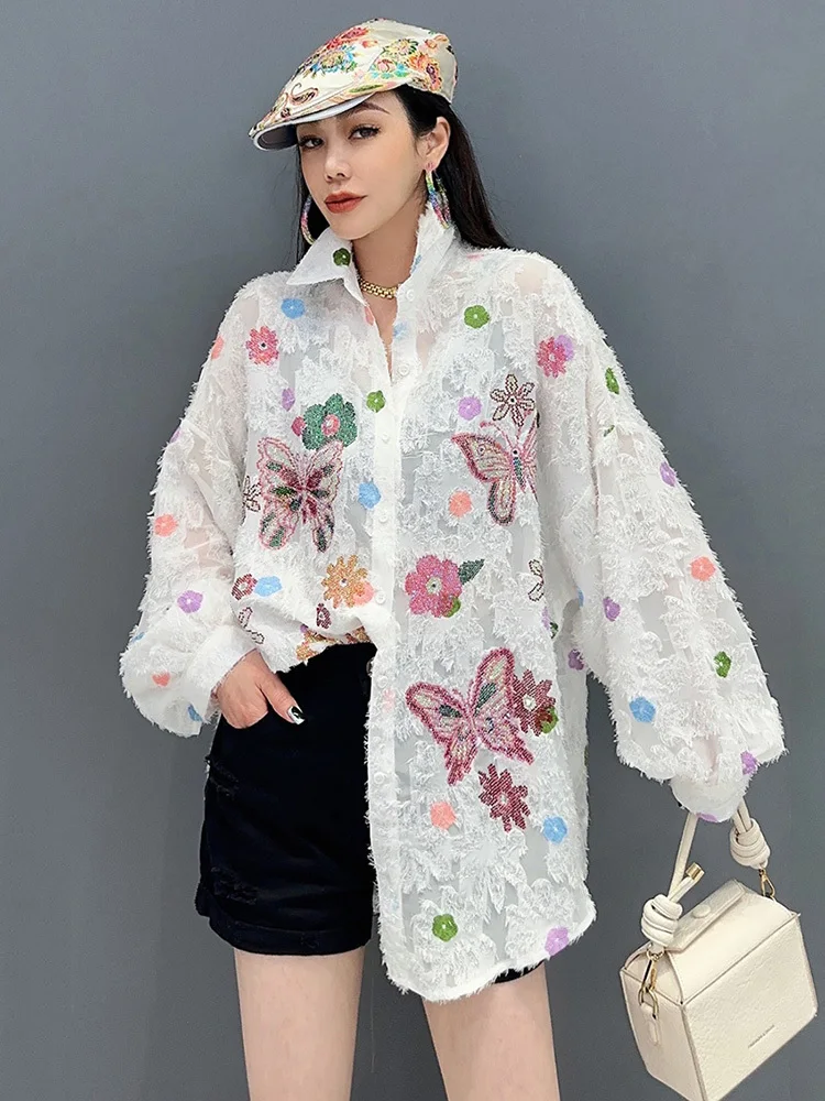 SHENGPALAE Embroidery Flocking Shirt For Women Spring Elegance Versatile Lapel Contrast Color Blouse Spring 2024 New Tide 5R9464