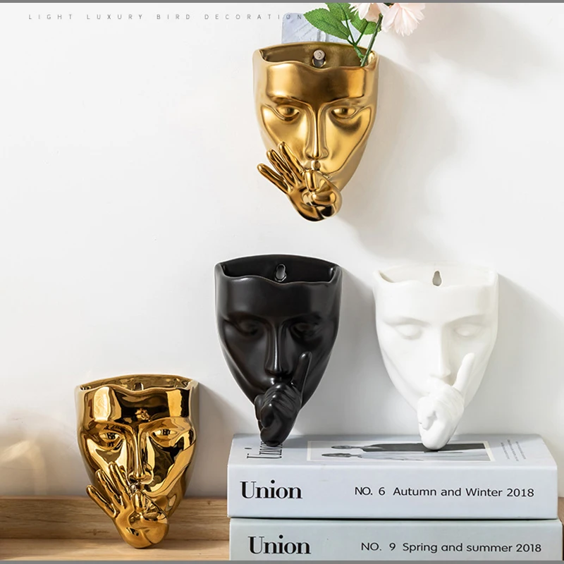 Wall-mounted Ceramic Mask Vase Golden Human Face Decoration Flower Arranging Container Room and Office Ceramic Wall-mounted Vase