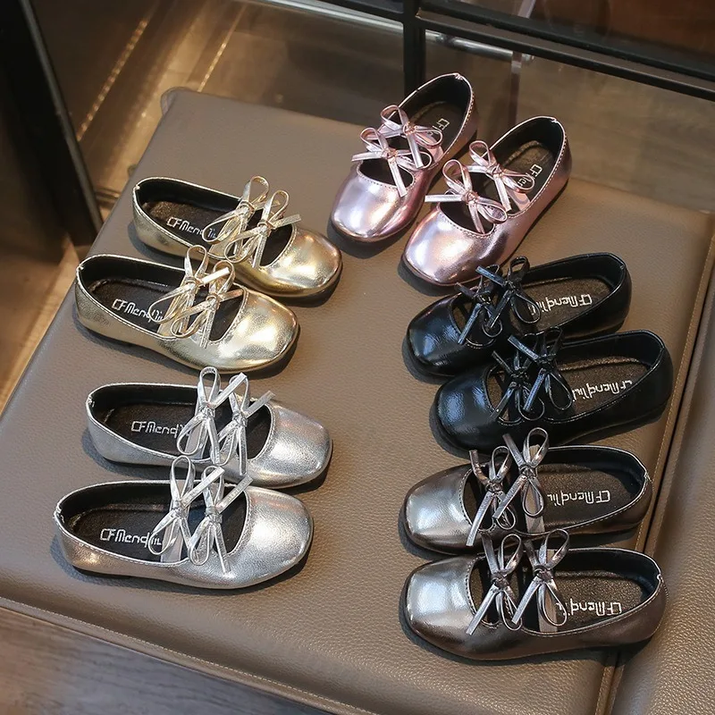 Children Leather Shoes Spring 2026 New Fashion Girls Princess Shoes Soft Sole Sweet Bowtie Dancing Versatile Party Flat Shoes