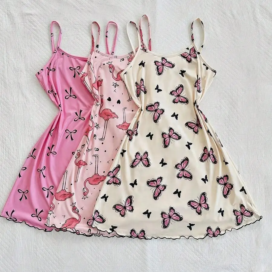 

3PCS Womens Printed Spaghetti Strap Nightdress With Ruffle Hem Soft Sleepwear Slip Lounge Dress