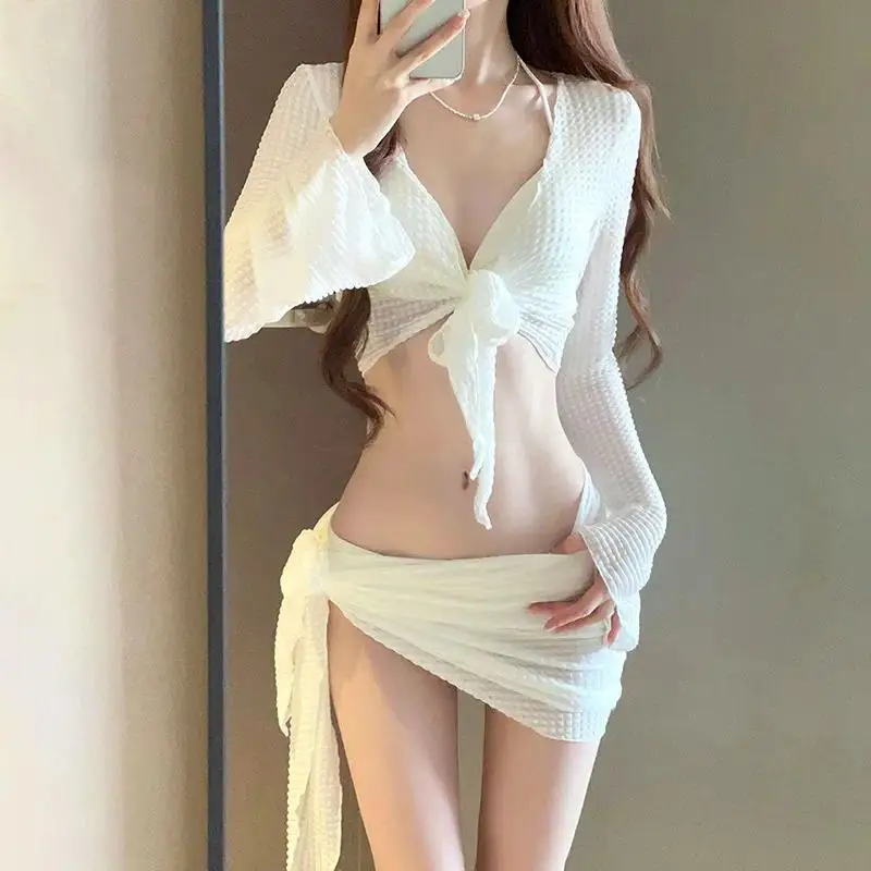 2024 White Korean Style Sweert Bikini Set High Waist Women Swimwear Two Piece Halter Swimsuit With Cardigan Cover Ups