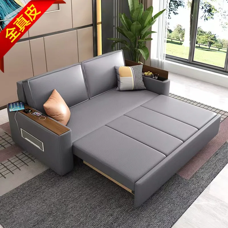 Head layer cowhide multifunctional storage smart electric leather sofa bed for both sitting and sleeping small and medium-sized