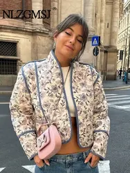 TRAF-abrigo corto de algodón con estampado de flores para mujer, chaqueta acolchada Reversible de manga larga, cárdigan elegante, ropa de calle, otoño, 2024