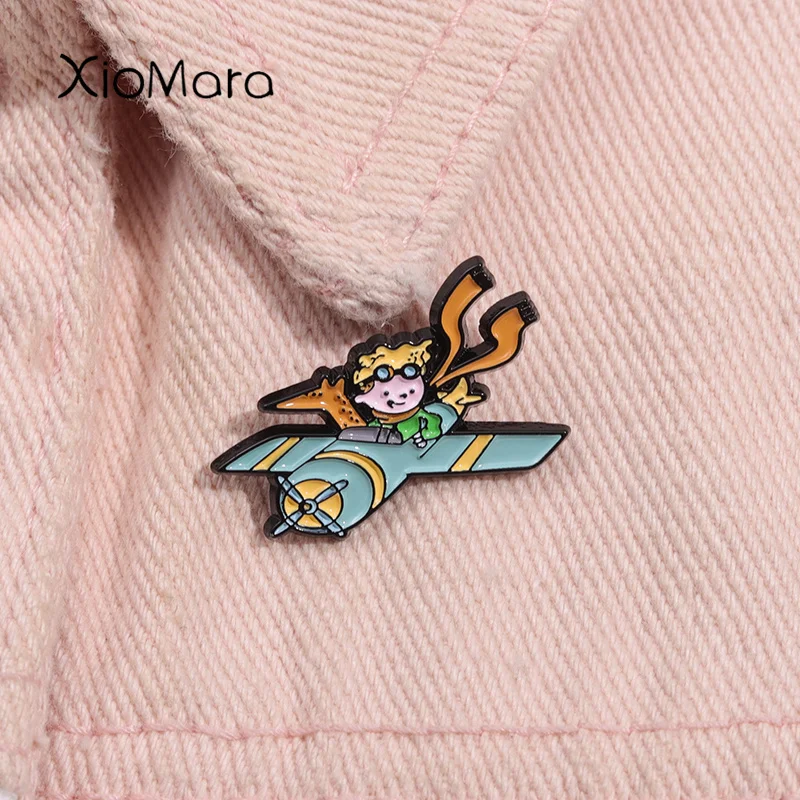 Boy with Fox Flying a Plane Enamel Pin Classics Fairy Tale Cartoon Anime Brooch Lapel Badge Fashion Jewelry Gifts For Friends