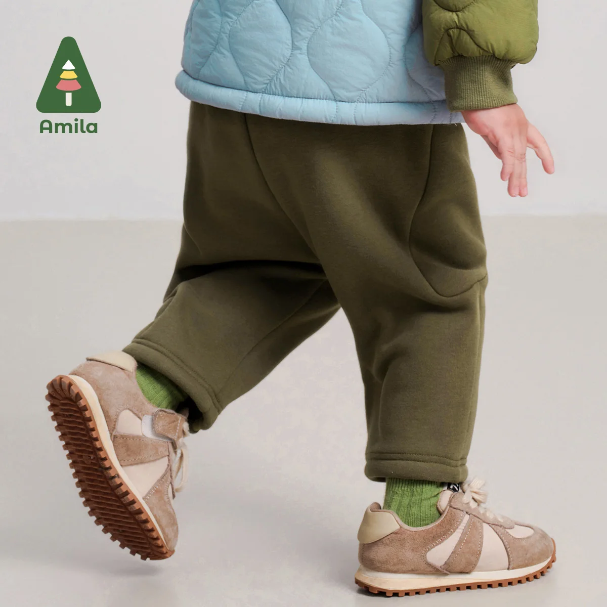 Amila Baby Pants 2024 Winter New Boys And Girls Solid Color Versatile Basic All-In-One Velvet Warm Loose Children‘s Casual Pants