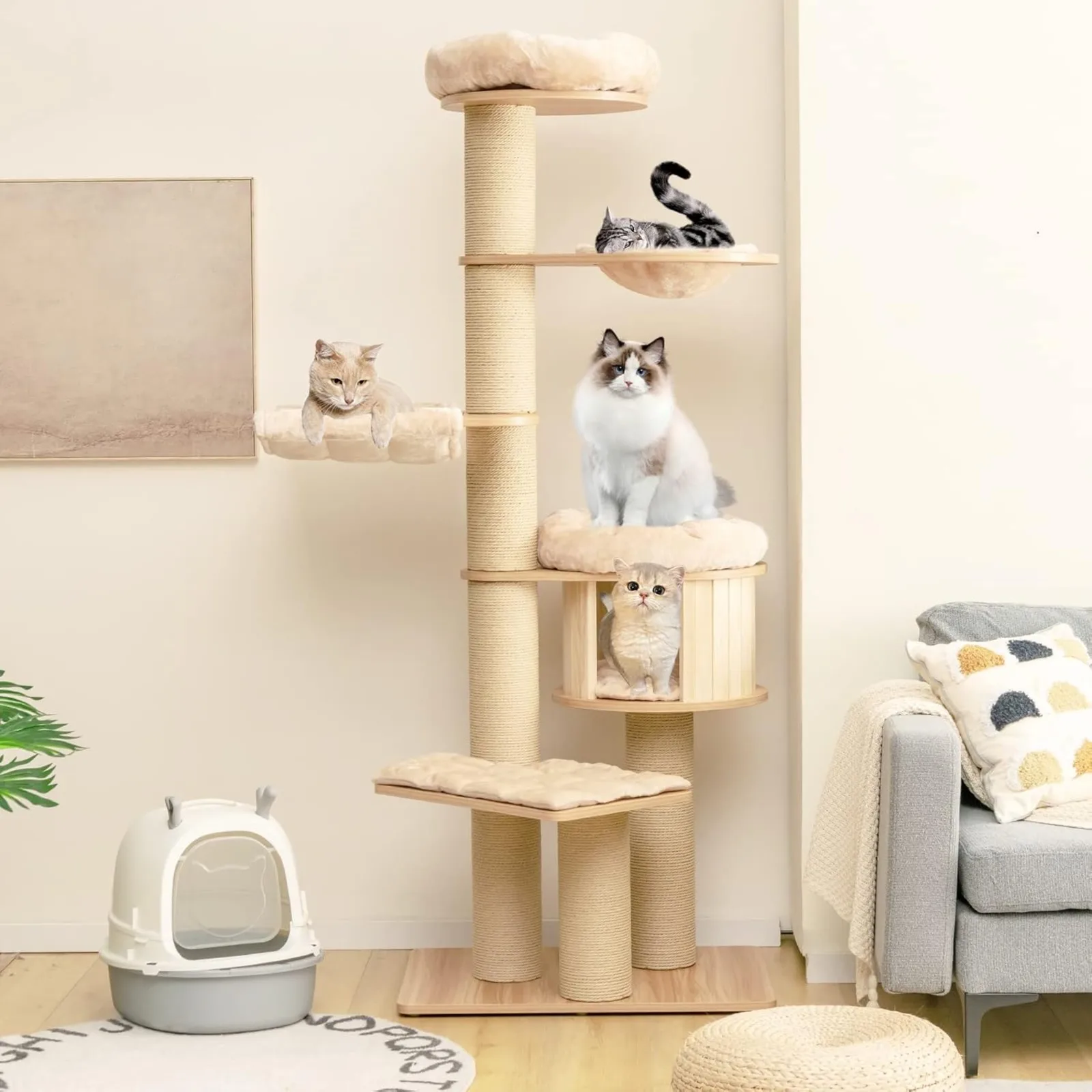 

US Large Cat Tree Tower, Multi-Level Tall Cat Tree with Sisal Posts, Hammocks, Hanging Basket, and